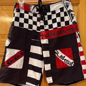 Quiksilver Black, White & Red Checkerboard Patch Swim Shorts